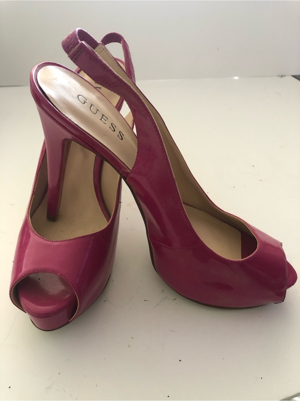 GUESS Fuchsia Patent Peep-Toe Slingback Heels